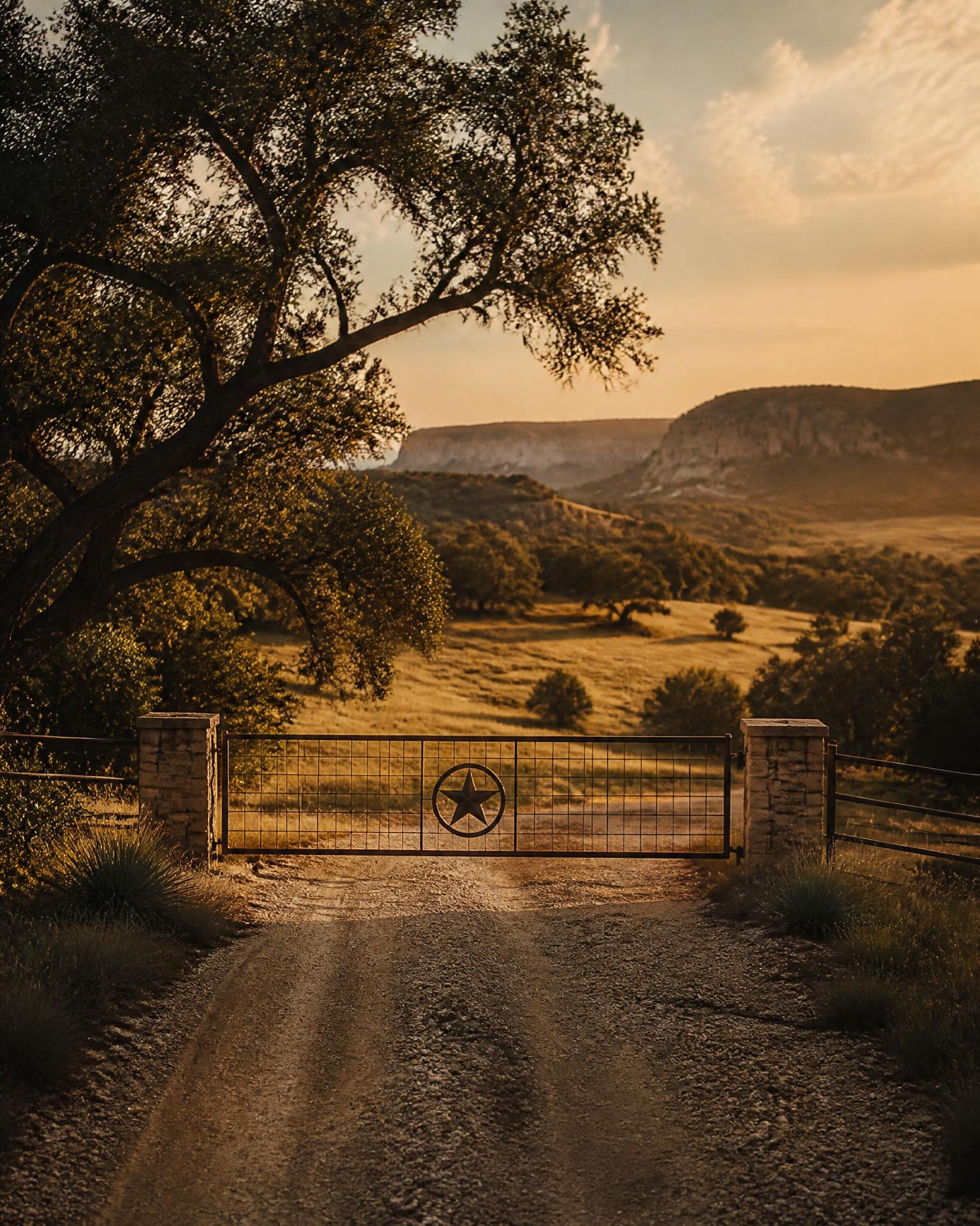 Texas Hill Country ranch gate at golden hour